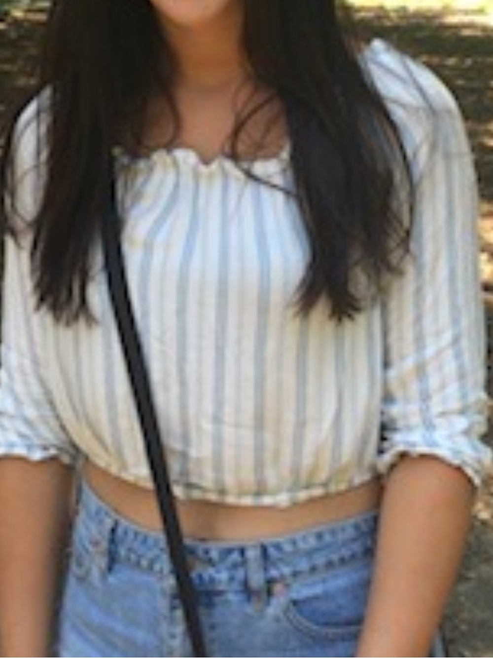 H&M Light Blue and White Striped Off-Shoulder Crop Top